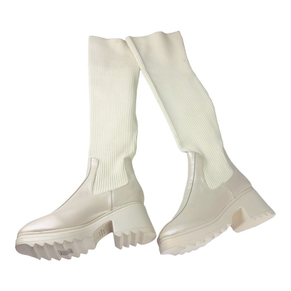 Unbranded Shoes 3727 Womens Cream Knee High Sock Boot Wedge